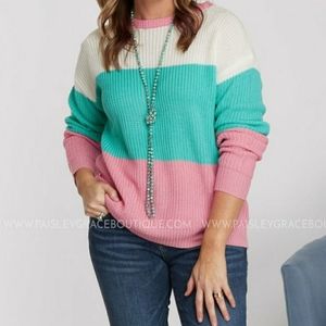 Andree Ivory Seafoam and Pink Color-Blocked Sweater Size L NWT